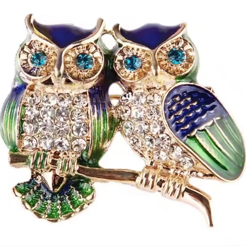 Blue & Green Crystal Owl Brooch Pin